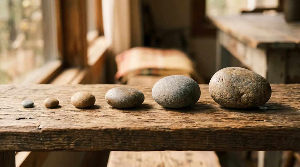 River stones of increasing size arranged in a row, from a small pebble to a large boulder