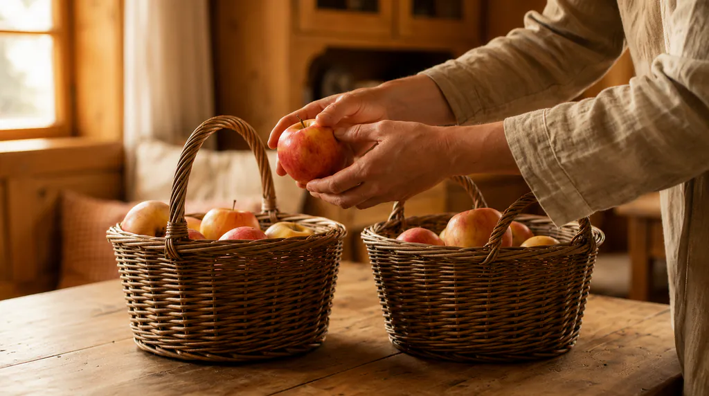 Hands placing an apple into one of two woven baskets on a wooden table