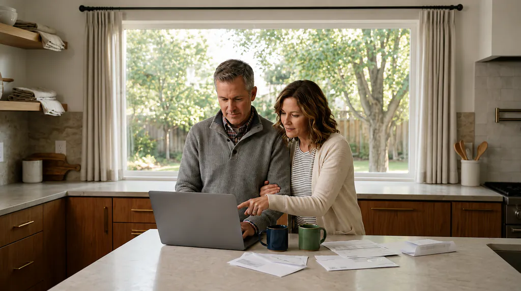 A couple reviewing financial documents at a laptop in their kitchen