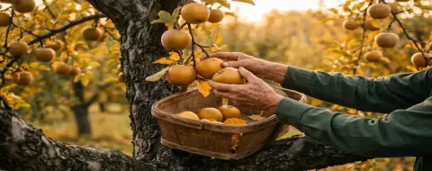 Hands picking ripe apples into a wooden basket in an orchard