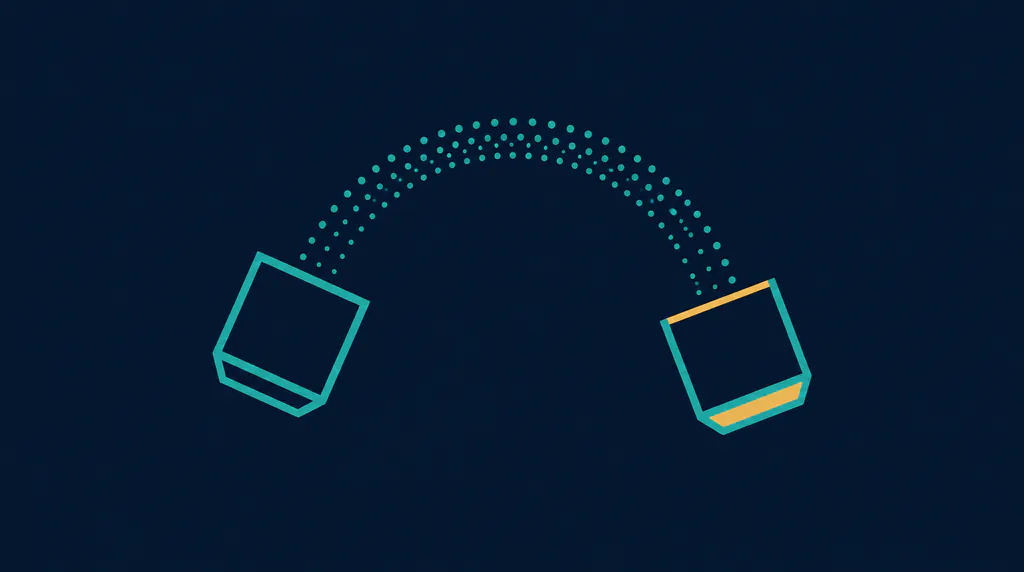 One container pouring into another along a dotted arc