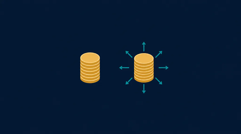 Two coin stacks, one with arrows pointing outward